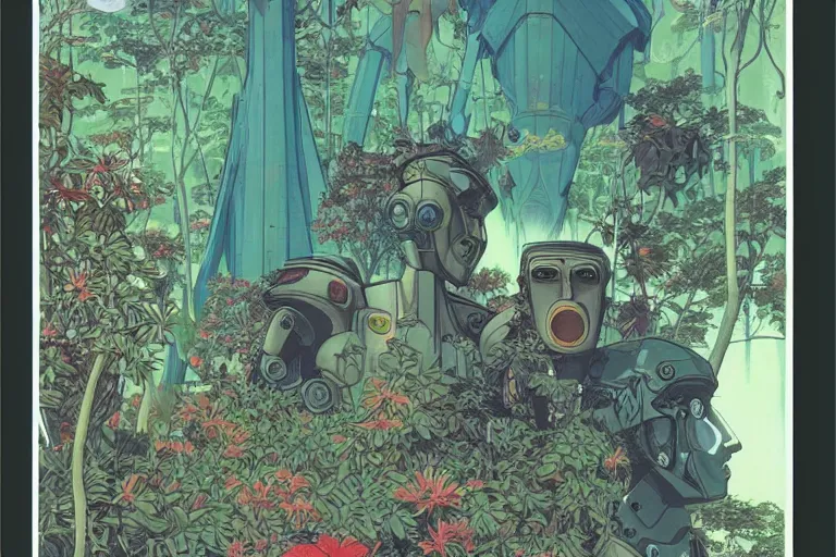 Image similar to gigantic woman head, a lot of exotic vegetation around, trees, tremendous mecha robot, flowers, risograph!, oldschool vintage sci - fi flat surreal design, super - detailed, painting by moebius and satoshi kon