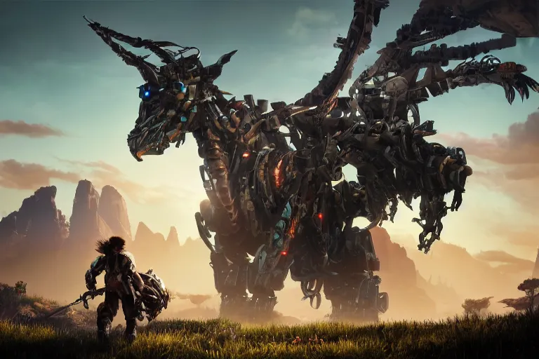 Image similar to grimhorn fanghorn machine mecha animal beast robot of horizon forbidden west horizon zero dawn bioluminiscence global illumination ray tracing hdr fanart arstation by sung choi and eric pfeiffer and gabriel garza and casper konefal