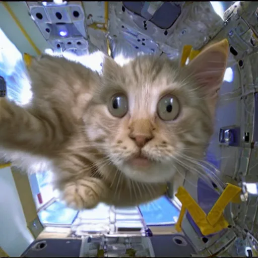 Prompt: Next to the James Webb Telescope in outer space, an action sequence of an astronaut ((cream colored Maine Coon kitten)) space walk, an unopened bag of kitty litter floats nearby, in the background friendly cute cute cute alien spacecraft, highly realistic, 4K, 8K, road trip