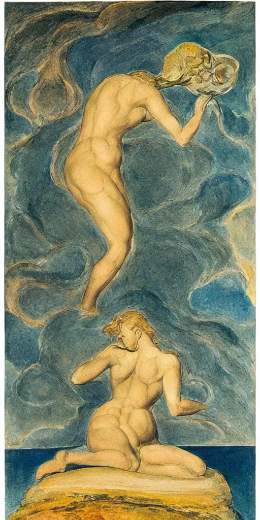 Prompt: oil painting silhouette of the venus of milos with sea inside by william blake