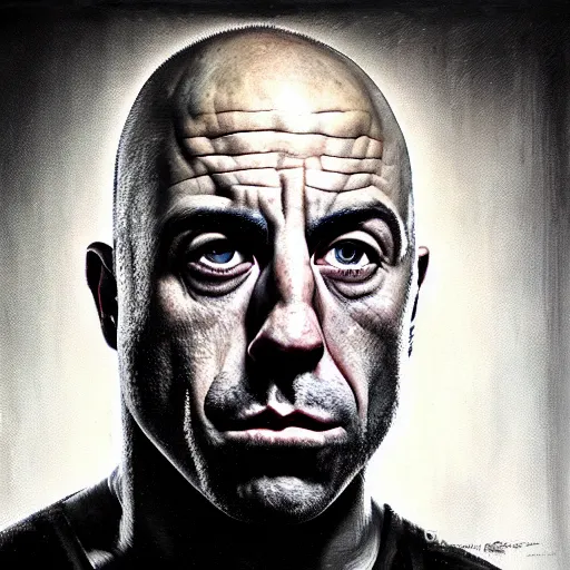 Image similar to a portrait of joe rogan, hyper realistic, octane render, by barlowe. masterpiece portrait painting. dark, moody,, abstract brush strokes,.