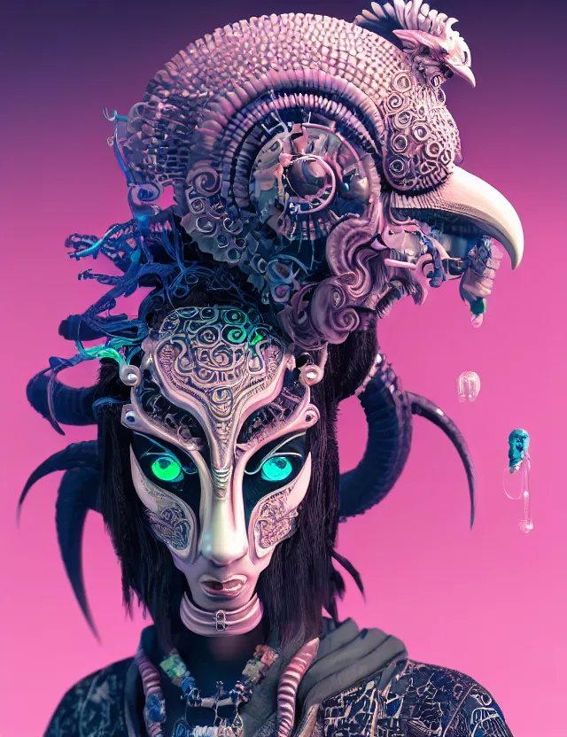 Image similar to 3 d goddess close - up profile portrait cyberpunk with ram skull. beautiful intricately detailed japanese crow kitsune mask and clasical japanese kimono. betta fish, jellyfish phoenix, bio luminescent, plasma, ice, water, wind, creature, artwork by tooth wu and wlop and beeple and greg rutkowski