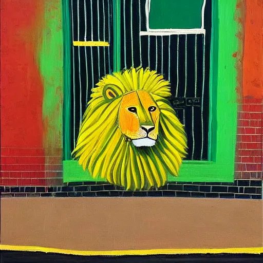 Prompt: “a painting in the style of peter doig, of a yellow lion standing at the corner of a street in front of a yellow industrial building with green doors, very coherent ” W 832