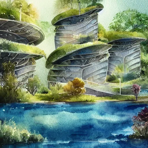 Image similar to beautiful happy picturesque charming sci - fi organic pod - like homes of the future in a beautiful natural scene. water, trees and rocks. beautiful light. soft colour scheme. beautiful artistic detailed watercolor by lurid. ( 2 0 2 2 )