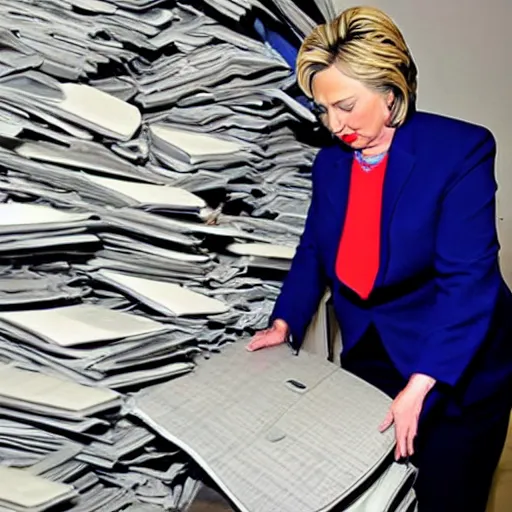 Image similar to a candid photo of hillary clinton as she desperately tries, unsuccessfully, to shred a large stack of laptops.