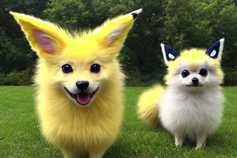 Image similar to real life jolteon pokemon, cute!!!, heroic!!!, adorable!!!, playful!!!, fluffly!!!, happy!!!, cheeky!!!, mischievous!!!, ultra realistic!!!, autumn, clear weather, ( golden hour ), sharp focus