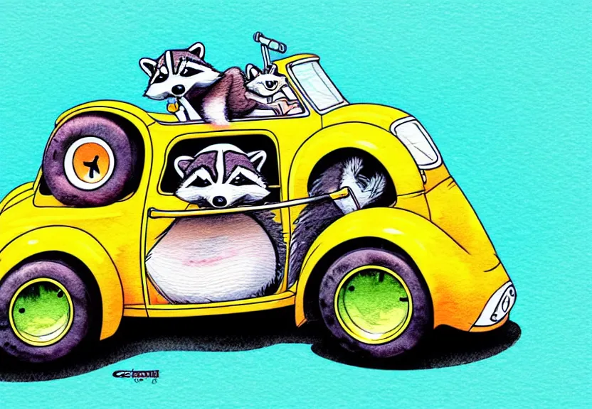 Image similar to cute and funny, racoon riding in a tiny hot rod coupe with ( very ) oversized engine, ratfink style by ed roth, centered award winning watercolor pen illustration, isometric illustration by chihiro iwasaki, edited by range murata