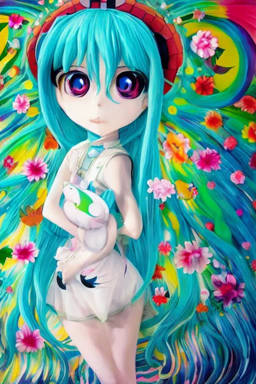 Prompt: a painting of Hatsune Miku with big eyes, paint-on-glass painting by Chiho Aoshima, Yoshitomo Nara, Huang Yuxing and Aya Takano, Superflat art movement, kawaii, uwu, cute, fairycore, soft, chibi