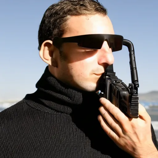 Image similar to A man in a black turtleneck sweater pointing a gun equipped with a silencer at the camera