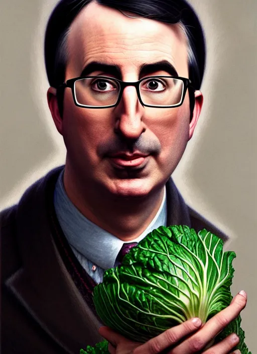 Image similar to a portrait of john oliver holding a cabbage, stoic, fantasy, intricate, elegant, beautiful, highly detailed, charcoal, centered, dark, smokey, digital painting, artstation, concept art, smooth, sharp focus, illustration, art by artgerm and greg rutkowski and alphonse mucha
