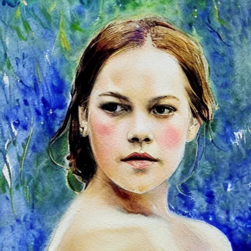 Image similar to abbie cornish, watercolor, in the style of claude monet, beautiful face, award winning, hd, 4 k