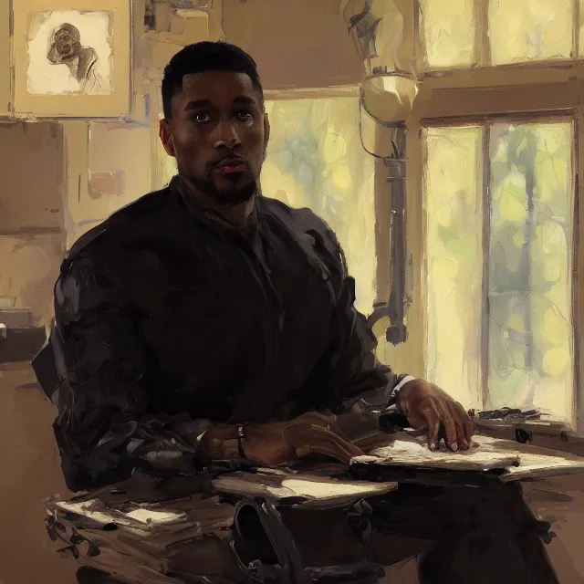 Image similar to a lightskinned black man with short hair, clean shaven, using a macbook, portrait, elegant, intricate, digital painting, artstation, concept art, smooth, sharp focus, illustration, art by konstantin korovin and daniel f. gerhartz and john howe