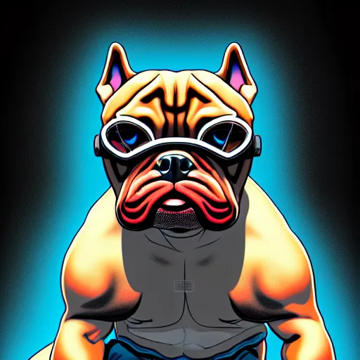 Image similar to « a comic styled painting of a cyborg bulldog sitting down, cyberpunk digital art by greg rutkowsky, illustration, colourful, sharp focus, highly detailed, future tech, sketchfab »