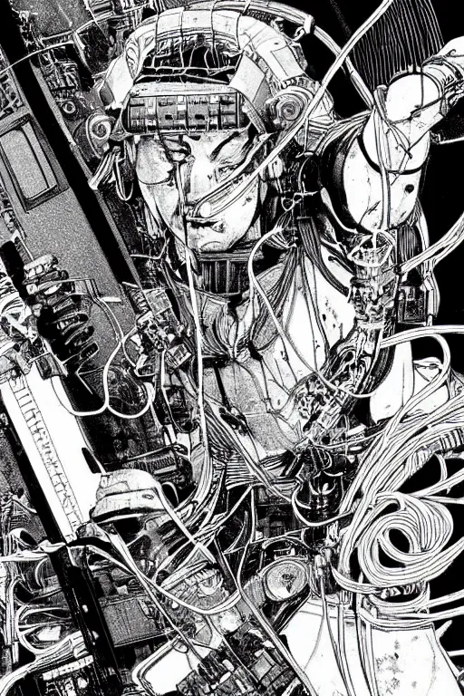 Prompt: beautiful hyperdetailed cyberpunk anime illustration of a male samurai lying in the lab with wires and cables coming out of his head and back, by moebius, masamune shirow and katsuhiro otomo