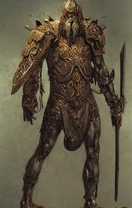 Prompt: zeus god, wearing thunder armor, ancient greek ornamented armor, beksinski, weta workshop concept art