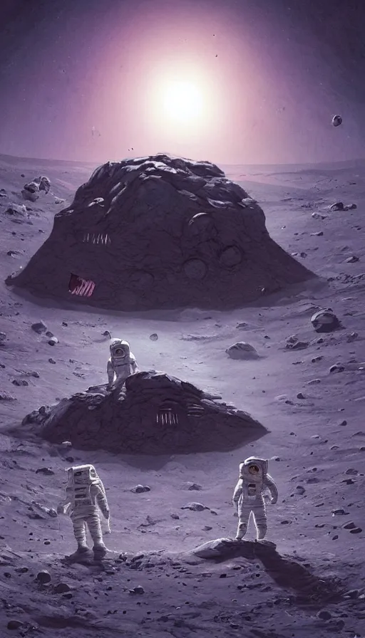 Image similar to a beautiful artwork illustration, astronauts discover a giant obsidian monolith on the moon, by rutkowski and stalenhag, featured on artstation, wide angle, vertical orientation