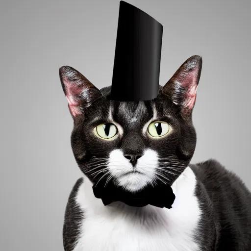 Prompt: man with the head of a tuxedo cat, wearing a party hat