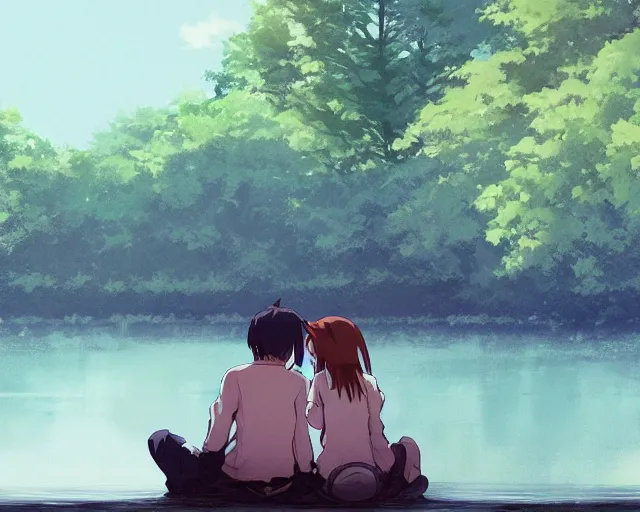 Image similar to a boy and a girl with long flowing auburn hair, boy has short black hair, sitting next to each other, facing the river in one single boat. Atmospheric lighting, long shot, romantic, boy and girl are the focus, trees, blue water, narrow river, close river bank, shady. Anime. By Makoto Shinkai, Stanley Artgerm Lau, WLOP, Rossdraws, James Jean, Andrei Riabovitchev, Marc Simonetti, krenz cushart, Sakimichan, D&D trending on ArtStation, digital art.