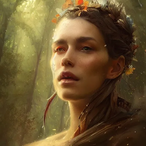 Image similar to a beautiful portrait of a forest goddess by Greg Rutkowski and Raymond Swanland, Trending on Artstation, ultra realistic digital art