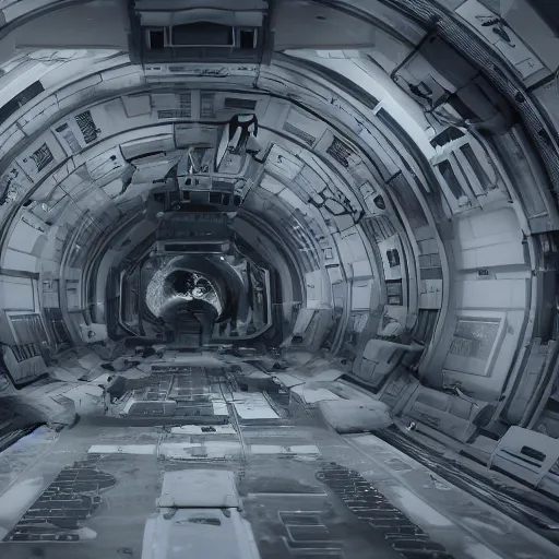 Image similar to arriving on a derelict space station, ominous, epic, clean and white, ominous, illustration, ink lines, accurate, weird, clean, minimal, 8k, octane render, where did everyone go, can see space outside