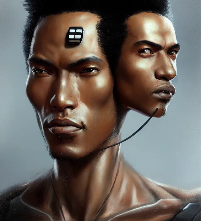 Image similar to portrait of a man by greg rutkowski, he is about 2 5 years old, mixture between afroamerican and japanese, afro hair, geisha tatoos, very tall and slender, he is wearing a futuristic police gear, highly detailed portrait, digital painting, artstation, concept art, smooth, sharp foccus illustration, artstation hq