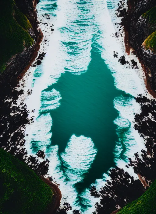 Image similar to a view of the ocean from a cliff, a tilt shift photo by liam wong, unsplash, naturalism, cinematic view, terragen, shot on 7 0 mm