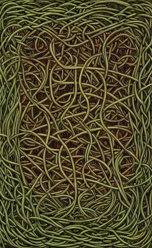 Image similar to a network of thick vines intertwined in the shape of a Celtic knot, central composition, in the style of Peter gric and Hannah yata 8k