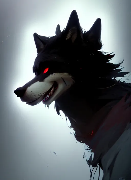 Image similar to beautiful headshot portrait of a male anthropomorphic black wolf red long hair. character design by cory loftis, fenghua zhong, ryohei hase, ismail inceoglu and ruan jia. artstation, volumetric light, highly detailed, photorealistic, fantasy, rendered in octane