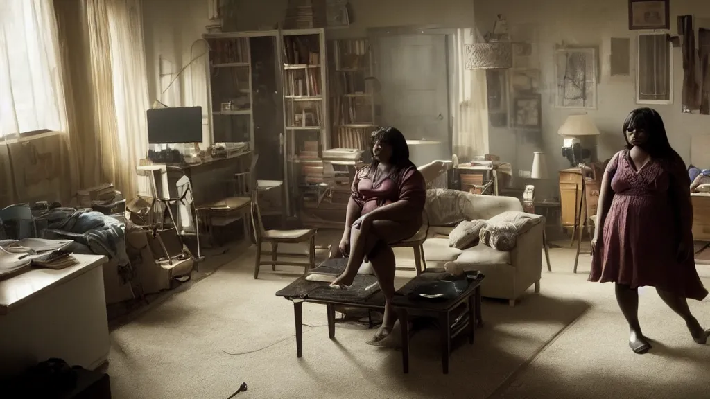 Image similar to stunning screenshot of Octavia Spencer alone in her studio apartment, moody, sad scene from the movie PT Anderson, she is plugged into the virtual world at night, art house, award winning film, portrait, 3D rendered lighting, stunning cinematography by Hoyte van Hoytema