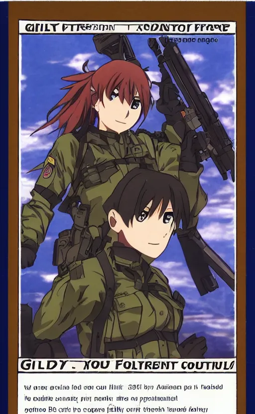 Prompt: girl, trading card front, soldier clothing, combat gear, anime face, illustration, by ufotable studio, green screen