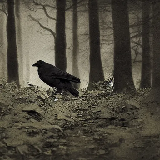 Prompt: mixture between an! crow and wolf, photograph captured in a dark forest, realistic