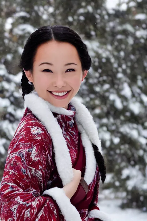 Image similar to full-length photo of real life Katara from Avatar, smiling, looking at camera in snowy winter, wearing kimono