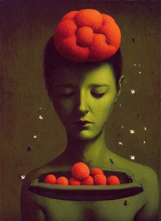 Image similar to She Eats of the Strangling Fruit and Her polyp blossoms bring iridescent fungal flowers whose spores black the foolish stars Edward Hopper and James Gilleard, Zdzislaw Beksinski, Mark Ryden, Wolfgang Lettl highly detailed