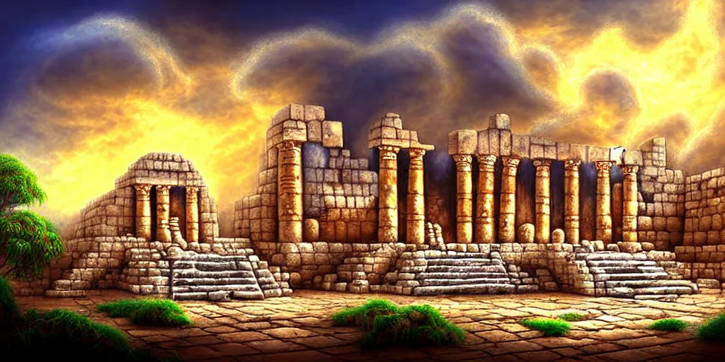 Image similar to illusion painting hidden temple in the clouds : an adorable small fox in the huge ruins of the second temple in jerusalem. a new temple hovers quietly hiding in the dreamy clouds above. a hooded bearded old man in a brown tunic laughing, colorful 8 k, art station, intricate superb details, digital art, illusion painting hidden image.