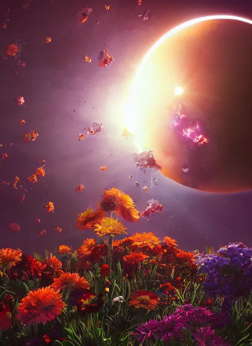 Image similar to An epic fantastic realism comic book style painting of the most beautiful flowers launched into space, bouquets, solar eclipse, fisheye, unreal 5, DAZ, hyperrealistic, octane render, dynamic lighting