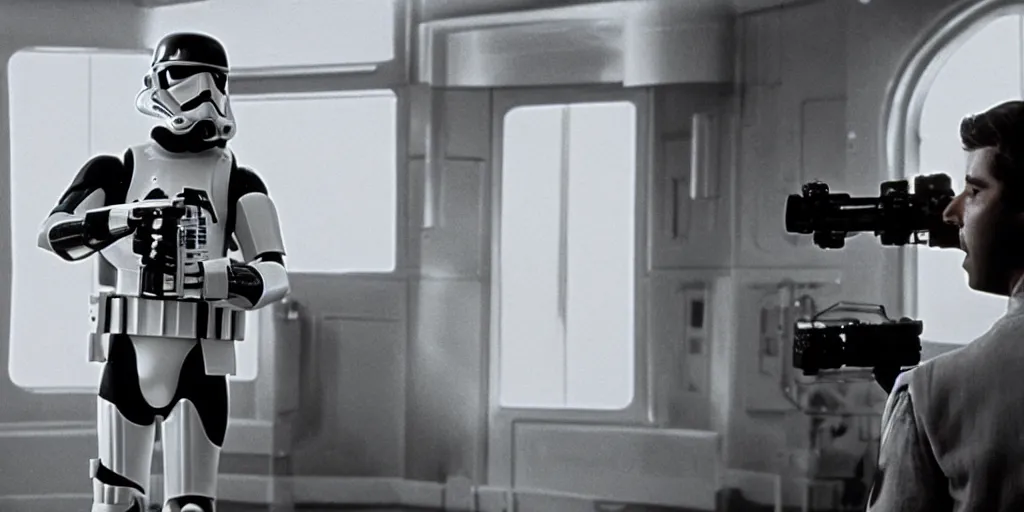 Image similar to a still from a film of a naval officer standing, back turned, in front of a large window with a live action Star Wars space battle, 35mm, directed by George Lucas, miniatures, ILM