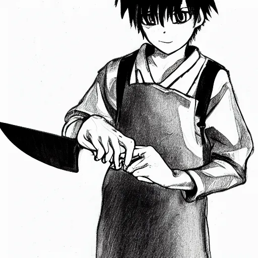 Image similar to a young boy holds a butcher's knife in their hand, anime style, drawn in black pen ink sketch