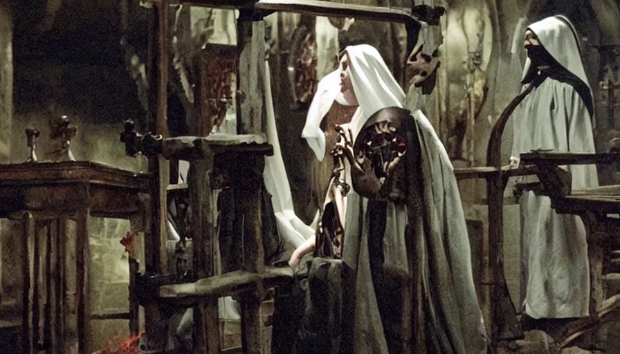 Image similar to Movie by Ridley Scott about an 16th century alchemist lab where a crucified necromancer priest is transformed into a cyborg zombie (a nun watches and weeps)