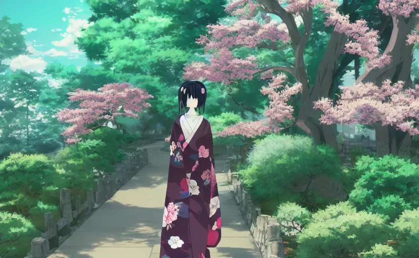 Prompt: An anime girl in a kimono, walking through a traditional Japanese garden, anime scenery by Makoto Shinkai, digital art