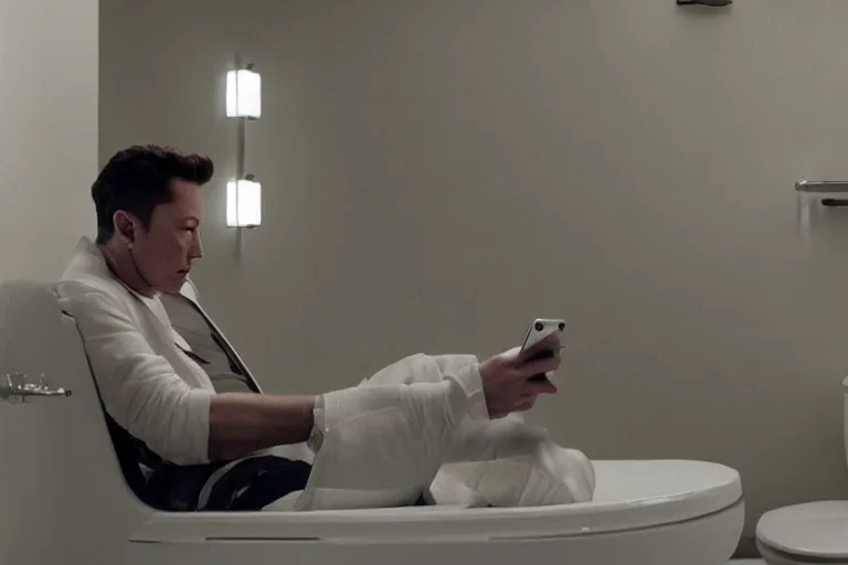 Image similar to hyperrealism aesthetic ridley scott and denis villeneuve style photography of a detailed hyperrealism elon musk, siting on a detailed hyperrealism toilet and scrolling his detailed smartphone in hyperrealism scene from detailed art house movie in style of alejandro jodorowsky and wes anderson volumetric ambient light