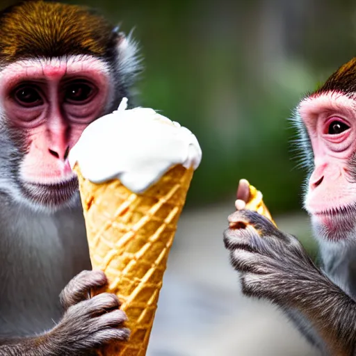 Image similar to a dslr 3 5 mm f 2 photograph of two monkeys worshiping a giant ice cream cone sent by aliens.