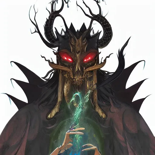 Image similar to concept art painting of an anthropomorphic dragon king with black robes, a long neck, and skull mask, in a deep forest, cel shaded, in the style of makoto shinkai and james gurney and studio ghibli and moebius