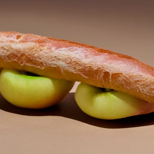 Image similar to a baguette between two apples stuck together, photo realistic 4k