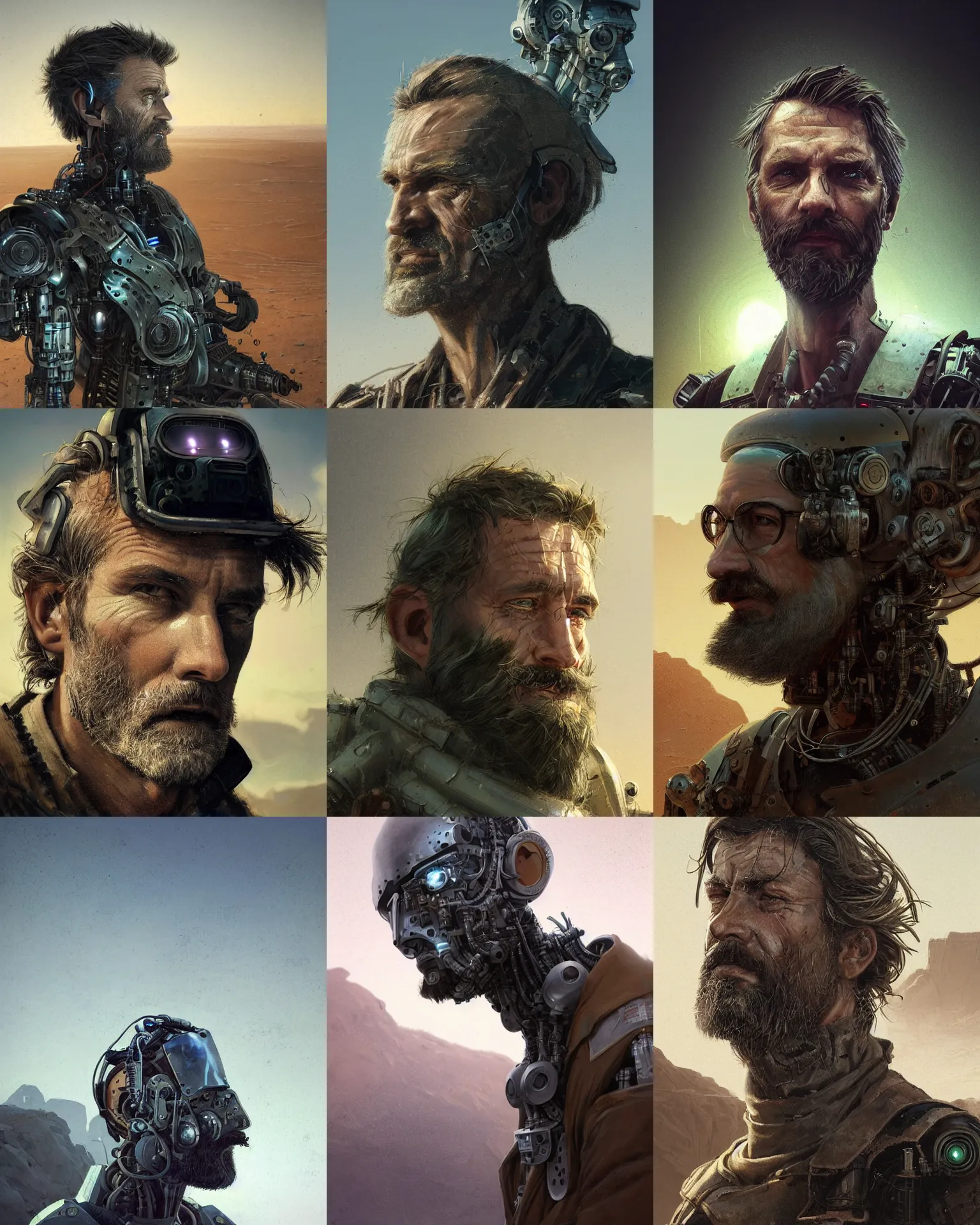 Prompt: a rugged middle aged engineer man with cybernetic enhancements and unique hair lost in the desert, scifi character portrait by greg rutkowski, esuthio, craig mullins, short beard, green eyes, 1 / 4 headshot, cinematic lighting, dystopian scifi gear, gloomy, profile picture, mechanical, half robot, implants, steampunk