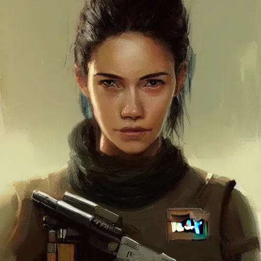 Image similar to portrait of a woman by greg rutkowski, marla fett, samoan features, straight black hair, tall and slender, star wars expanded universe, she is about 2 0 years old, wearing tactical gear, digital painting, artstation, concept art, smooth, sharp foccus ilustration, artstation hq