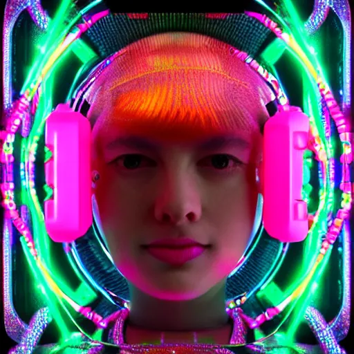 Prompt: swimming through a pile of modular synth cables, empathy machines, to see a kawaii puerto rican goddess staring through the mothership of your souls, wearing a headpiece made of circuit boards, by alastair reynolds and stanley kubrick, pink, trending on artstation, cinematic, 3 d render, photorealistic