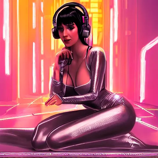 Image similar to beautiful cybergirl with the headset in the metallic costume sitting on the floor near a white cat in the neon room, blade runner movie, digital art, highly detailed