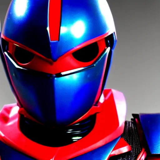 Prompt: Hard Science Fiction Kamen Rider, dark blue armor with red secondary color glowing eyes, daytime, grey rubber undersuit