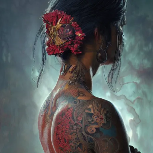 Image similar to zoomed out portrait painting of a muscular bloodied bengali woman, tattooed, lower back, ultra realistic, concept art, intricate details, eerie, highly detailed, photorealistic, octane render, 8 k, unreal engine. art by artgerm and greg rutkowski and alphonse mucha