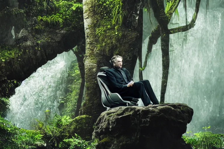 Image similar to movie closeup young man with a grey beard in a cyberpunk suit sitting on a futuristic chair at the edge of a jungle waterfall by emmanuel lubezki